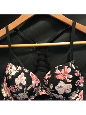 XOXO Black Bra with Pink Floral Print and Lace-Back Detail